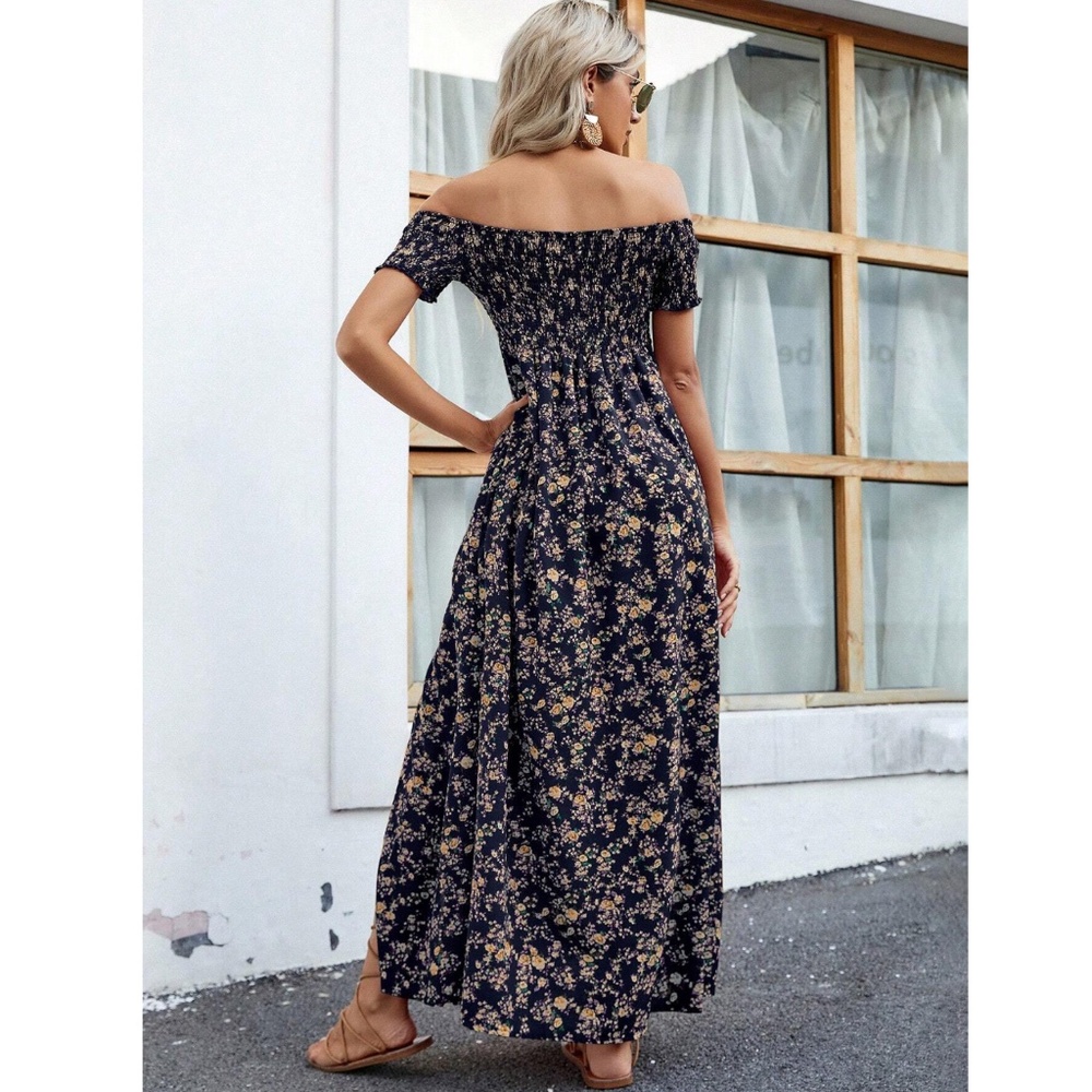 Ditsy Floral Off Shoulder Navy Blue Shirred Top Maxi Dress Leg Slit Flowy, Long - Picture 6 of 6